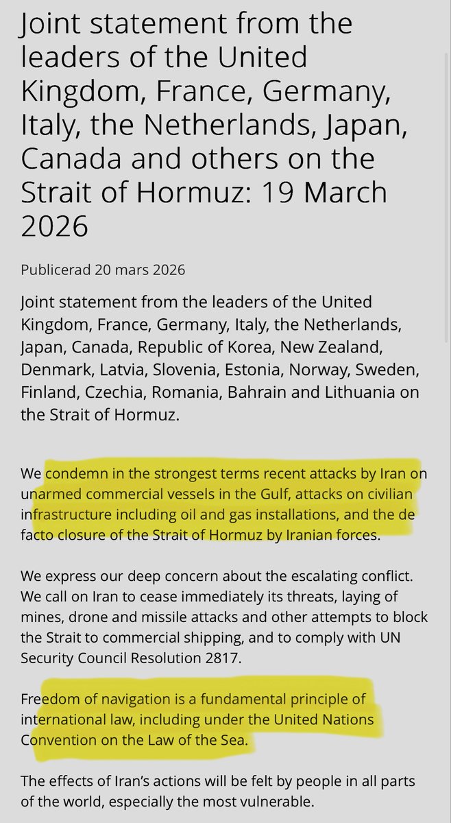 jackimaniel's tweet photo. 🚨 23 nations just signed a joint statement on the Strait of Hormuz.

UK. France. Germany. Italy. Netherlands. Japan. Canada. South Korea. Norway. Sweden. Finland. Denmark. And more.

They condemned Iran’s attacks on civilian infrastructure and the closure of Hormuz.

All legitimate concerns.

But read this statement carefully.

Not one sentence about the South Pars strike that triggered the Ras Laffan attack.

Not one sentence about the Bushehr reactor being struck 350 meters away.

Not one sentence about 1,444+ Iranian civilians confirmed dead.

Not one sentence about the diplomatic breakthrough in Oman on February 26 that these same governments watched get bombed two days later.

Not one sentence about who started this.

This is not a neutral humanitarian statement.

This is 23 governments protecting their energy interests while carefully avoiding any language that might inconvenience the coalition conducting the bombing campaign.

Araghchi called it correctly this morning when he pointed out that Macron’s “concern” arrived after Iranian retaliation, not after South Pars was struck.

You can condemn Iran’s attacks on civilian infrastructure AND acknowledge the sequence of events that produced them.

These 23 nations chose not to.

That is not balance.

That is selective outrage dressed as international law.

Facts are not a side. They are facts.