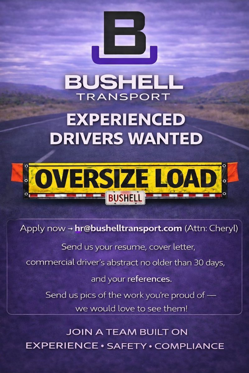 bushelltrans's tweet photo. 🚛 Experienced Drivers Wanted

Bushell Transport is hiring experienced drivers for oversize &amp; heavy haul across Canada &amp; the U.S.
✔ Paid orientation
✔ All E-log hours paid
✔ Premium equipment
✔ Benefits from Day 1

 Apply: hr@bushelltransport.com (Attn: Cheryl)
📍 Acheson, AB https://t.co/xb8H4rdszz