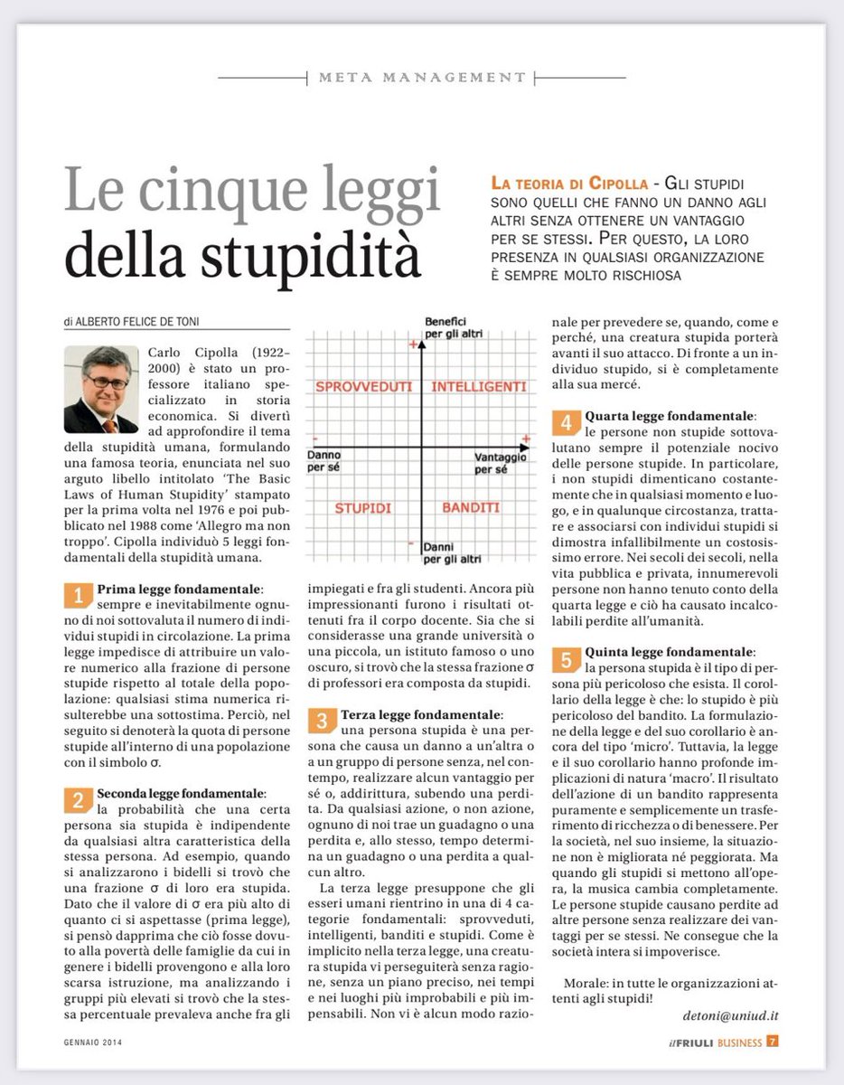 l_estemporaneo's tweet photo. Riassumendo questo articolo: è pieno di #stupidi e di #stupide nella #società umana e che sono tanti/e e sottovalutati/e.
#Complimenti allo storico economico #CarloCipolla per aver formulato una teoria sistemica e provocatoria sulla #stupidità umana.

#Le5LeggiDellaStupiditàUmana https://t.co/nBNFVI0WT5