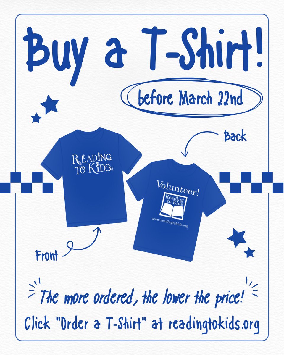 readingtokids's tweet image. ⭐ Sunday is the last day to purchase your very own Reading to Kids t-shirt! ⭐
Learn how to join our order here: readingtokids.org/ReadingClubs/S…

#readingtokids #tshirt #ordernow