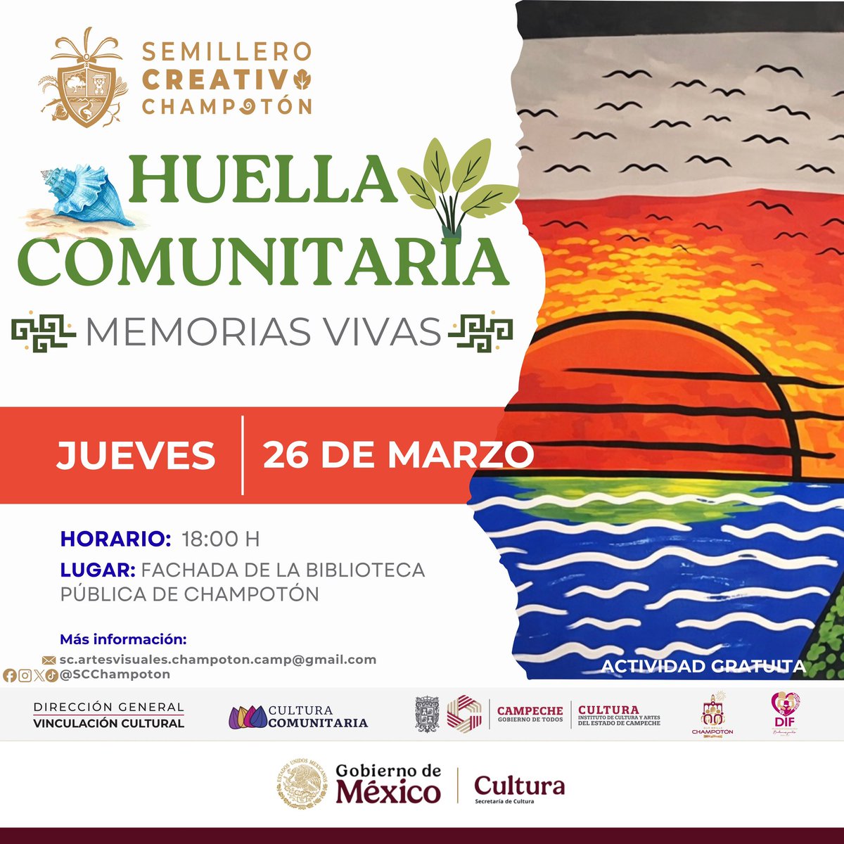 SCChampoton's tweet photo. Huella Comunitaria ¡Memorias Vivas!, el día 26 de marzo a las 18:00 h. En la Fachada de la Biblioteca Pública de Champotón.

¡Te esperamos!

#CulturaComunitaria #HuellaComunitaria2026 #EsTiempoDeChampotón #ChampotónSemilleroDelPueblo #ChampotónSemilleroDeLasCulturasVivas https://t.co/DjIy0u3Gdn