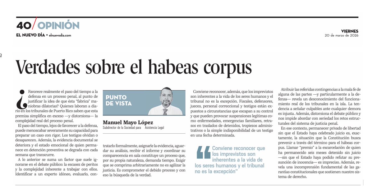 Columna del Lcdo. Manuel Mayo López sobre el habeas corpus publicada hoy en El Nuevo Día : Opinión | Verdades sobre el habeas corpus - El Nuevo Día