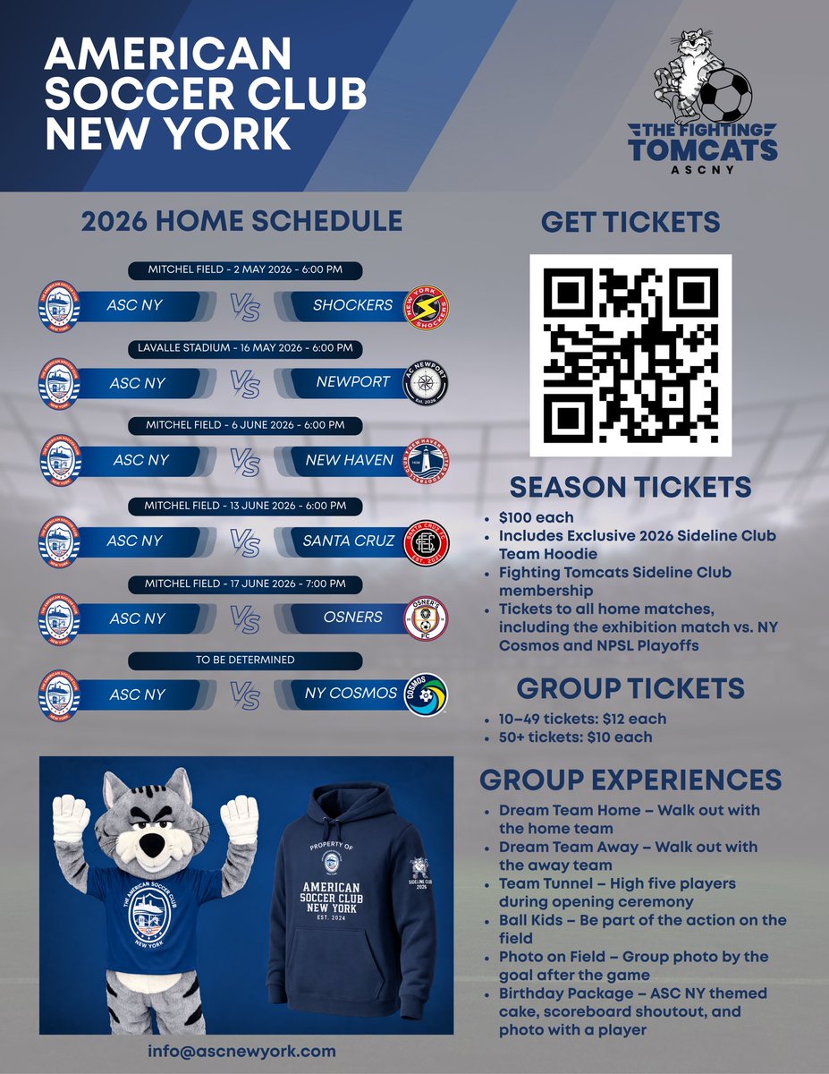 MichaelBattista's tweet photo. The 2026 American Soccer Club New York home schedule for their upcoming National Premier Soccer League season.
The #NPSL side will be hosting the New York Cosmos in a friendly on Long Island at some point. #ASCNewYork is an affiliate of the #NYCosmos. https://t.co/LOnYH37Cu7