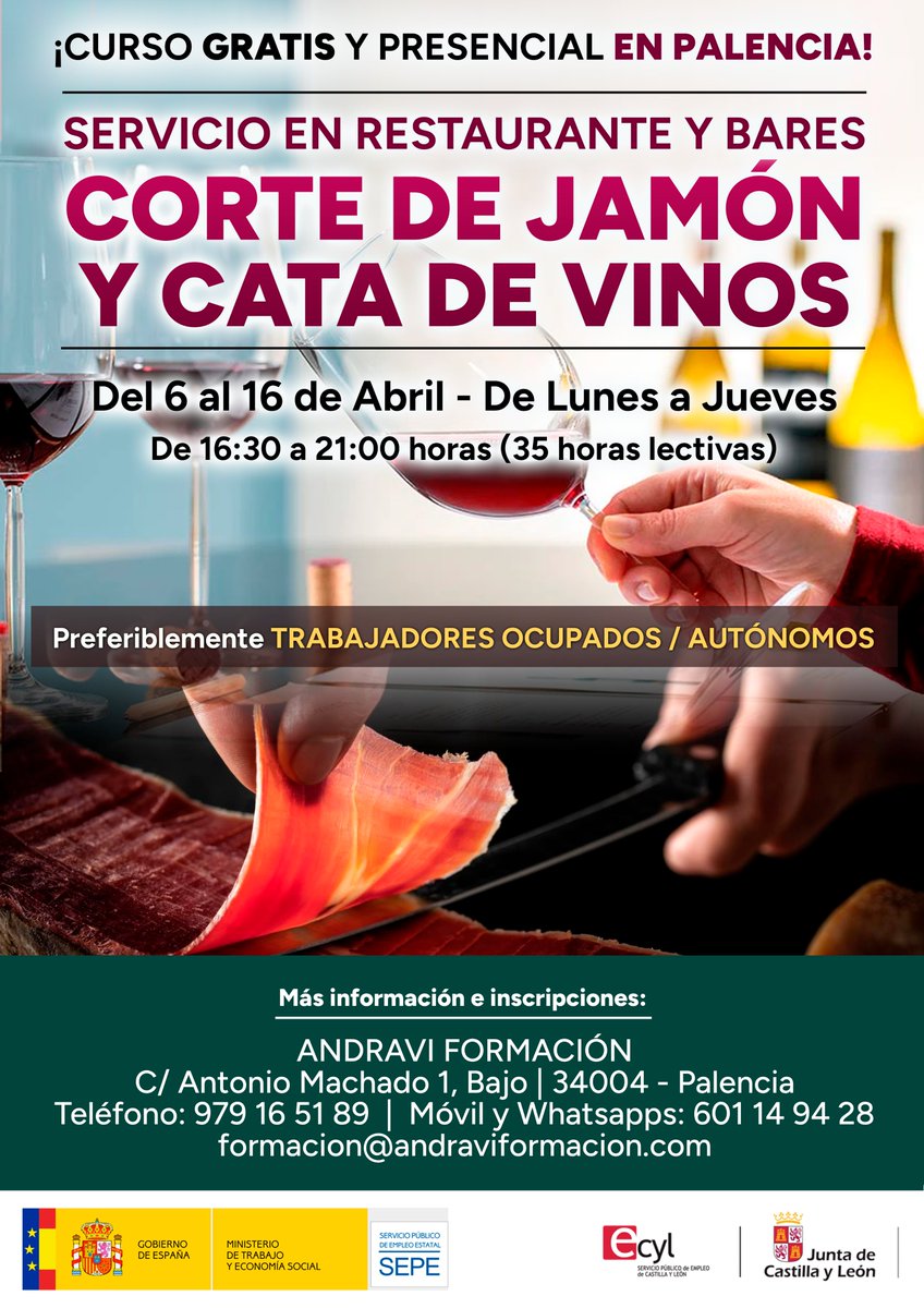Andraviformacio's tweet photo. ¡Curso presencial y #gratuito en #PALENCIA!:
Servicios en Restaurante y Bares: 𝐂𝐎𝐑𝐓𝐄 𝐃𝐄 𝐉𝐀𝐌𝐎𝐍 𝐘 𝐂𝐀𝐓𝐀 𝐃𝐄 𝐕𝐈𝐍𝐎𝐒

https://t.co/d33I9fpG0B https://t.co/v9Pj2dXHdB