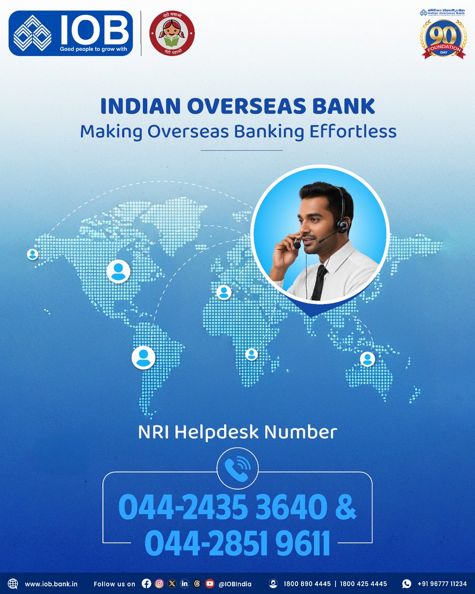 IOBIndia's tweet photo. Are you an NRI with banking queries? We’re here to help!

Reach out to our dedicated NRI Helpdesk at 044 2435 3640 or 044 2851 9611 and get expert guidance quickly and easily.

Your banking support is just a call away, wherever you are in the world.

#NRIHelpdesk #IOBCares #GlobalBankingSupport #CustomerFirst #BankingMadeEasy #DFS #RBI #GoodPeopleToGrowWith #IOBForYou