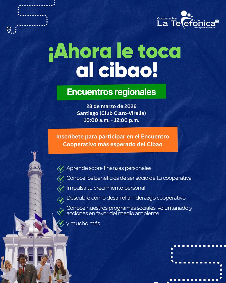 LaTelefonicaRD's tweet photo. Encuentro Regional de Socios
¡El turno es del Cibao!
Inscríbete para participar en el encuentro cooperativo más esperado del Cibao 

Confirme su asistencia:
https://t.co/6pYPOwVA6g

#Cibao #SantiagoRD #EncuentroRegional https://t.co/VlDFDMa8g2