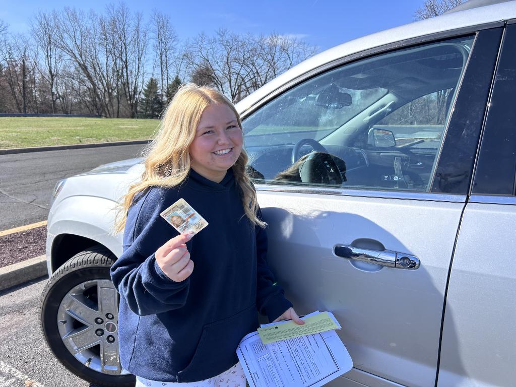 AdvantageDrivin's tweet photo. Congratulations to Peyton Colonna on passing her road test at Neshaminy and getting her license.  Following her older sisters Maddie and Addison. Great job Peyton parallel parking a large SUV! Drive safely.. https://t.co/3zeTbdkCsg