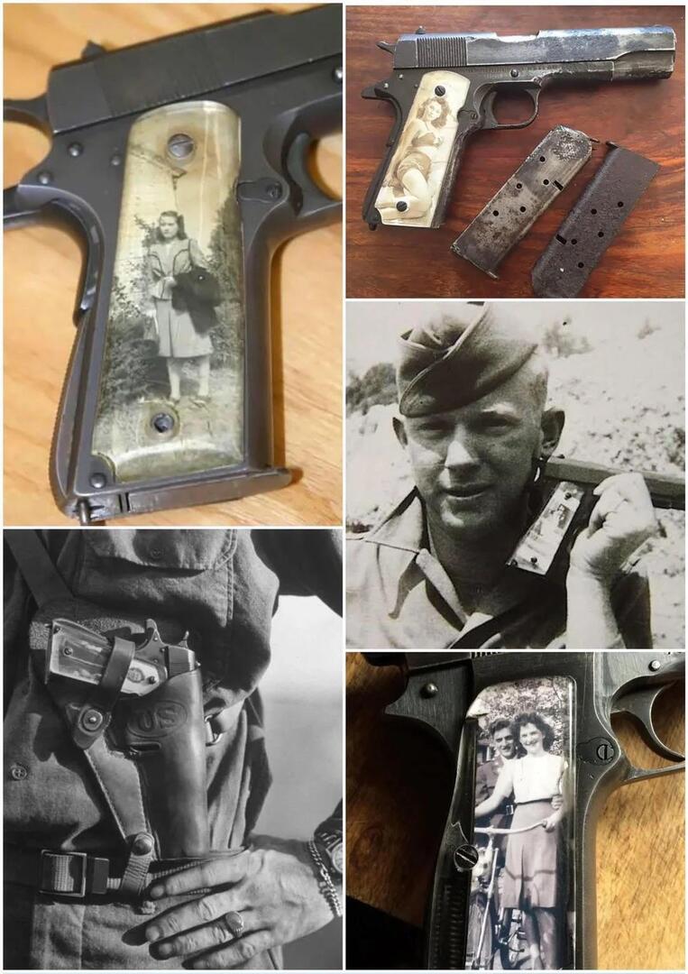 During WWII, US soldiers often personalized their GI Colt M1911 pistols by crafting transparent "sweetheart grips." Utilizing Plexiglas salvaged from downed aircraft, they replaced the original wooden grips with clear ones, inserting photographs of loved ones or pin-up girls be…