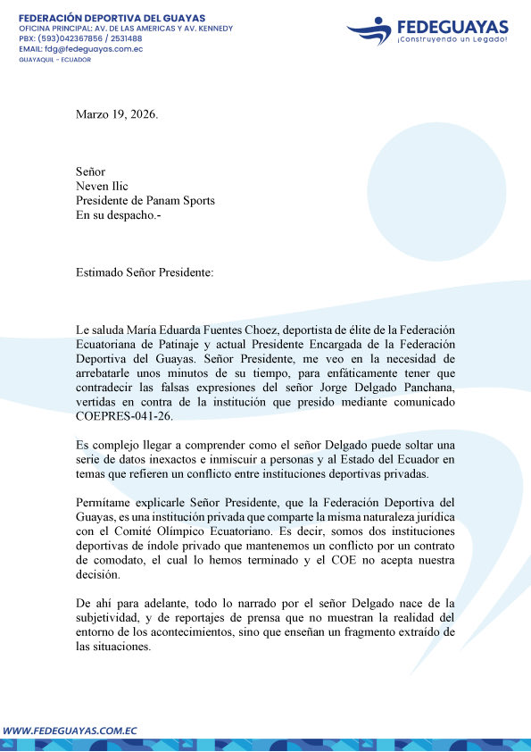 dudafuentes's tweet photo. Hago pública la carta enviada al titular de Panam Sports, el Sr. Neven Ilic.

Ante las afirmaciones difundidas por Jorge Delgado Panchana, expresidente del Comité Olímpico Ecuatoriano, corresponde aclarar que no reflejan la realidad de los hechos.

La Federación Deportiva del Guayas mantiene un conflicto estrictamente contractual con el Comité Olímpico Ecuatoriano, entre dos entidades de naturaleza privada, cuya decisión ha sido respaldada por instancias judiciales.

El COE continúa operando en sus instalaciones habituales, y las federaciones nacionales han podido sostener su funcionamiento con normalidad.

Rechazamos de forma categórica cualquier intento de vincular estas decisiones con injerencias externas o intereses ajenos a la gestión institucional.

Toda la información es verificable. Actuamos con responsabilidad, transparencia y en defensa de la estabilidad del sistema deportivo.
