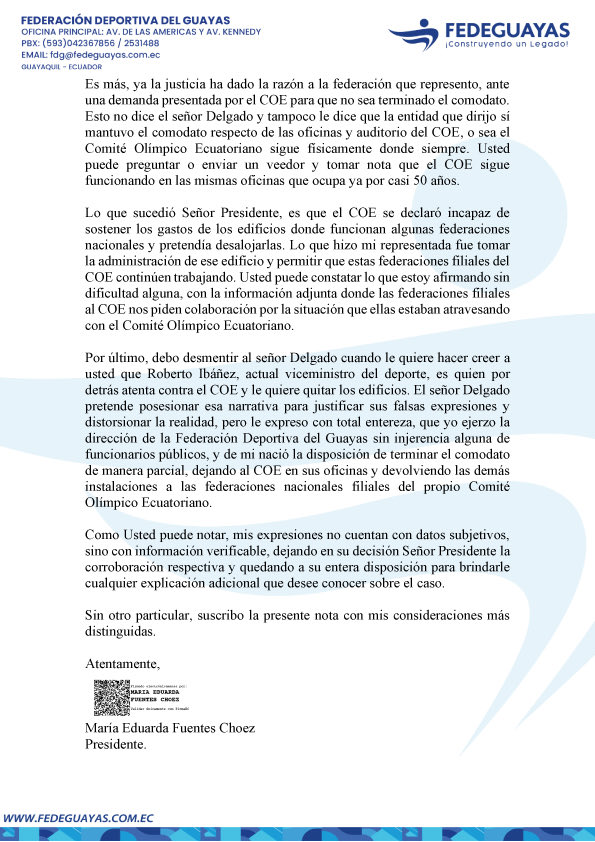 dudafuentes's tweet photo. Hago pública la carta enviada al titular de Panam Sports, el Sr. Neven Ilic.

Ante las afirmaciones difundidas por Jorge Delgado Panchana, expresidente del Comité Olímpico Ecuatoriano, corresponde aclarar que no reflejan la realidad de los hechos.

La Federación Deportiva del Guayas mantiene un conflicto estrictamente contractual con el Comité Olímpico Ecuatoriano, entre dos entidades de naturaleza privada, cuya decisión ha sido respaldada por instancias judiciales.

El COE continúa operando en sus instalaciones habituales, y las federaciones nacionales han podido sostener su funcionamiento con normalidad.

Rechazamos de forma categórica cualquier intento de vincular estas decisiones con injerencias externas o intereses ajenos a la gestión institucional.

Toda la información es verificable. Actuamos con responsabilidad, transparencia y en defensa de la estabilidad del sistema deportivo.