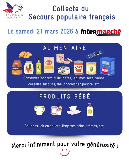 En partenariat avec le magasin <a href="/intermarche/">Intermarché</a>  de Colmar, les bénévoles du Secours populaire organisent une collecte  de denrées alimentaires et de produits pour les bébés le samedi 21 mars 2026 afin de soutenir  les personnes dans le besoin .
facebook.com/secourspop68/p…
