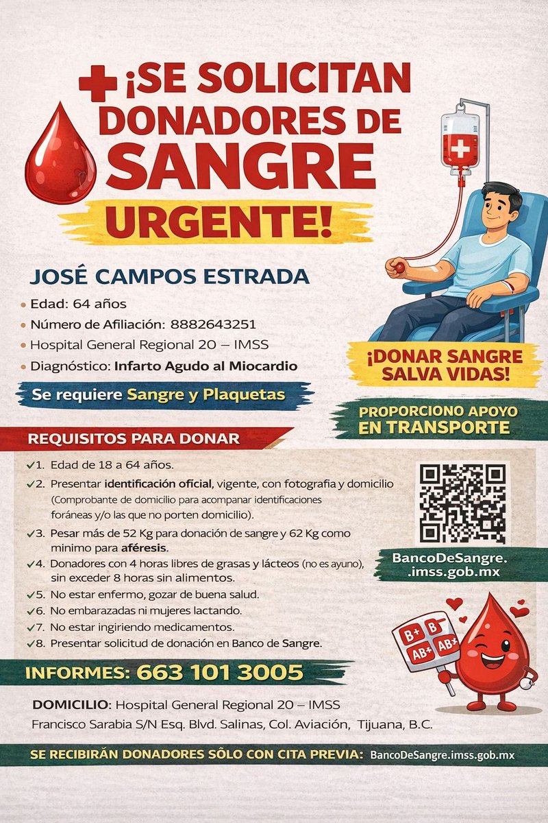 fusionimer's tweet photo. 📢Se solicitan donadores de sangre y plaquetas para José Campos Estrada🩸🩸

👉Informes y requisitos al 663 101 3005

Para agendar cita https://t.co/fJSelPyu66 https://t.co/dvK93XgGB5