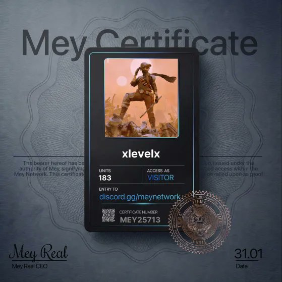 zackzeg's tweet photo. Got my **MEY Certificate** and unlocked access to MEY HQ.

Lowkey curious how rare my tier is.

What did you pull?

@mey_network → https://t.co/AIUVO0CJGs https://t.co/xvcoJ6YNub