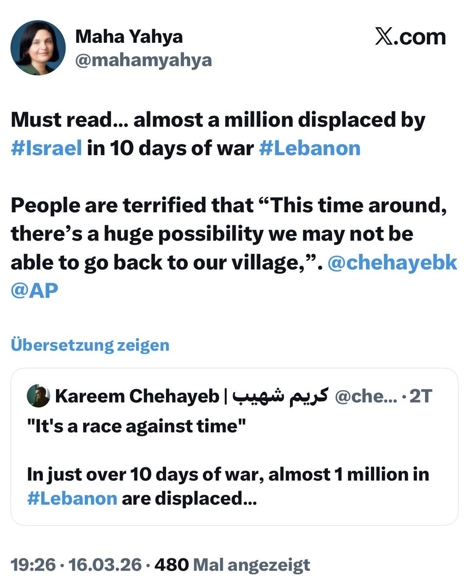rumeliobserver's tweet photo. 👇 Attacking Lebanon. 

Latest displacement number: over one million in just two weeks.

That is the whole Saarland!
Or all of Cologne.

@DMiliband @carolecadwalla @mahamyahya https://t.co/3gj0BlnMZy