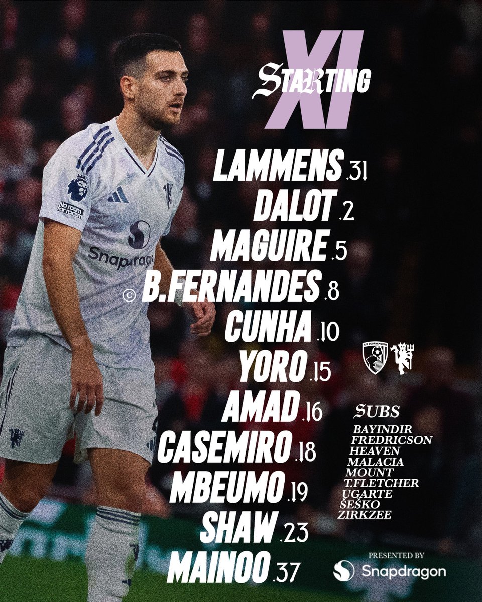 XI pertama United untuk menghadapi Bournemouth 👊🤍