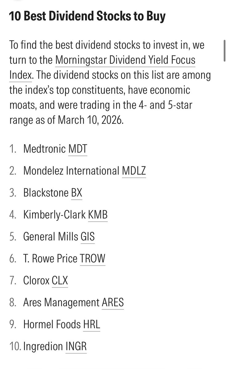 DividendCollect's tweet photo. Die „10 besten #Dividendenaktien“ gemäß #Morningstar (Stand: 10. März 2026).

Ich habe aus den „Top 10“ nur Hormel Foods im Depot.

Ich interessiere mich vor allem für #Medtronic, die ich als defensives Investment schon seit langer Zeit auf der #Watchlist habe.

Vielleicht ist ja für euch etwas dabei?

#Dividenden #Aktien #Börse