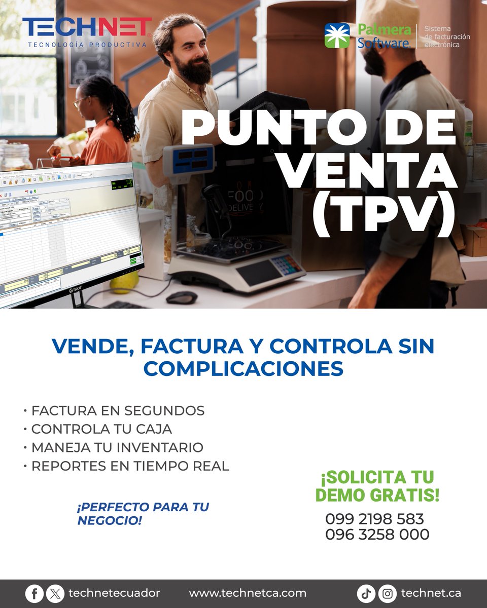 TechNetEcuador's tweet photo. 💼 Lleva el control total de tu negocio con nuestro Punto de Venta de Palmera Software

✔ Factura en segundos
✔ Controla tu caja
✔ Maneja tu inventario
✔ Visualiza tus ventas en tiempo real

🚀 Mejora la administración de tu negocio desde hoy

📲099 219 8583 | 096 325 8000 https://t.co/pFzT0Lzabj