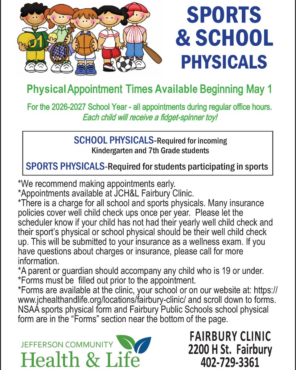 It's hard to believe it, but summer will be here before we know it! ☀️

Check out the information below from JCH&amp;L on School &amp; Sports Physicals starting May 1st.