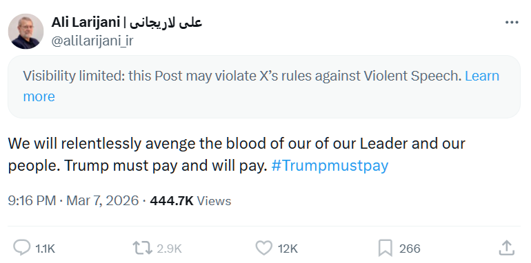 Trump, Netanyahu and other Zionists post direct intentions to mass murder and Elon Musk's Mossad handler Nikita Bier ensures the bot armies make them go viral. An Iranian leader with an account whose verification is removed says they will take revenge, and the post is censored