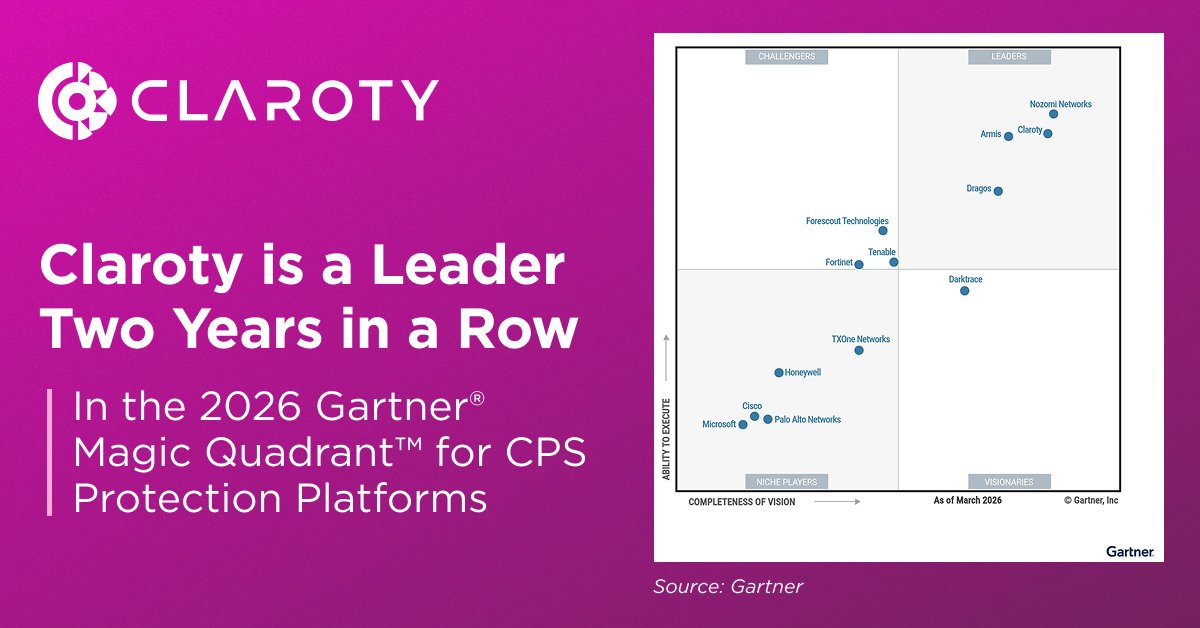 Claroty's tweet photo. For ✌️ years in a row, @Claroty is a Leader in the @Gartner_inc Magic Quadrant™ for CPS Protection Platforms report! 

Read more: https://t.co/xhCl0YRVe8  

#MagicQuadrant https://t.co/DHhOzo2Z1d