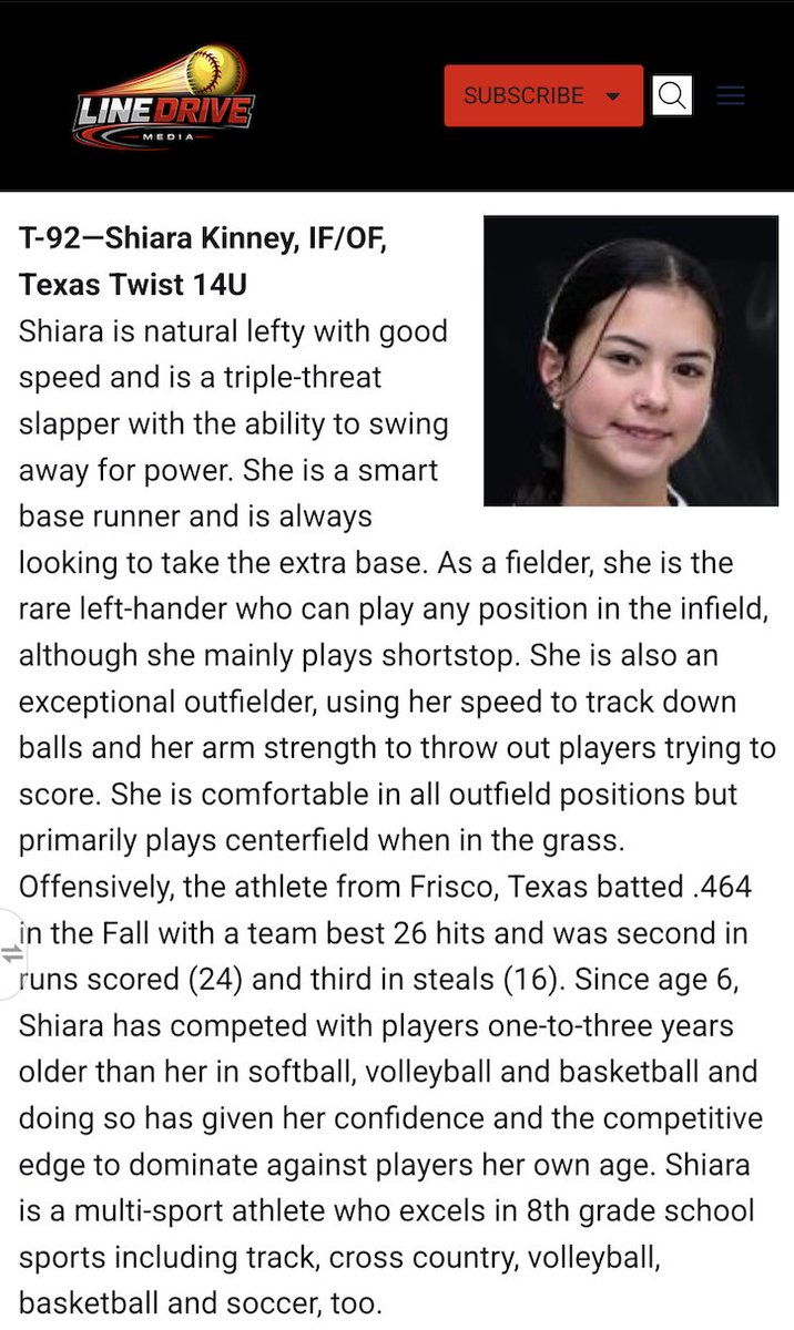 KinShiara77's tweet photo. I’m honored &amp; thankful to @LineDsoftball  for being ranked #92 in the Class of 2030’s Hot 100 list. There are so many great softball players on this list. Thank you for the recognition!! https://t.co/2qochSLY5y