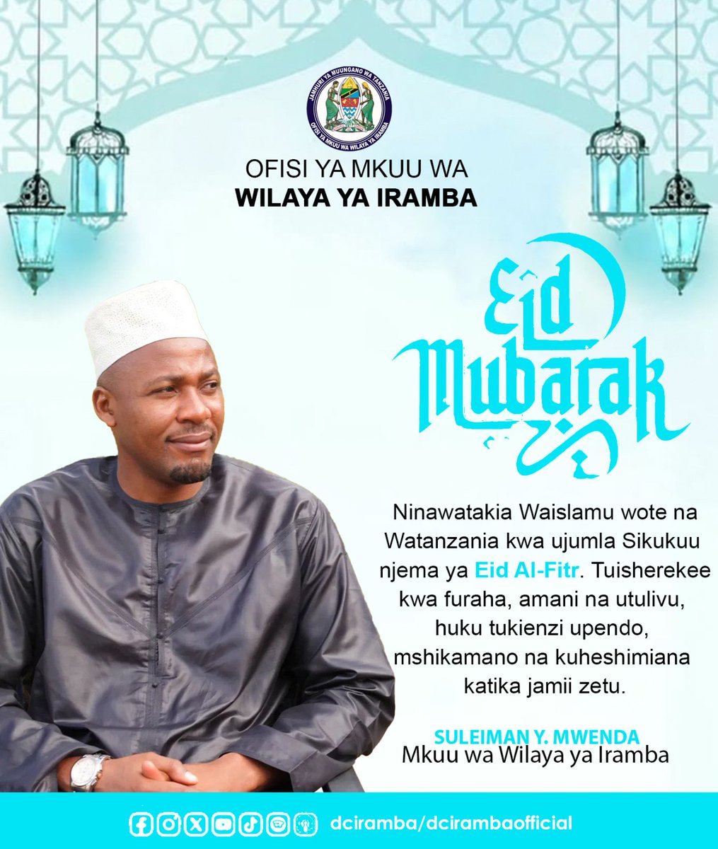 DCIRAMBA's tweet photo. EID MUBARAK

Mkuu wa wilaya ya Iramba Suleiman Mwenda anawatakia waislamu wote na Watanzania kwa Ujumla Sikukuu njema ya Eid al Fitr, Tusherehekee kwa amani na utulivu. https://t.co/ZGnJPOOSkG