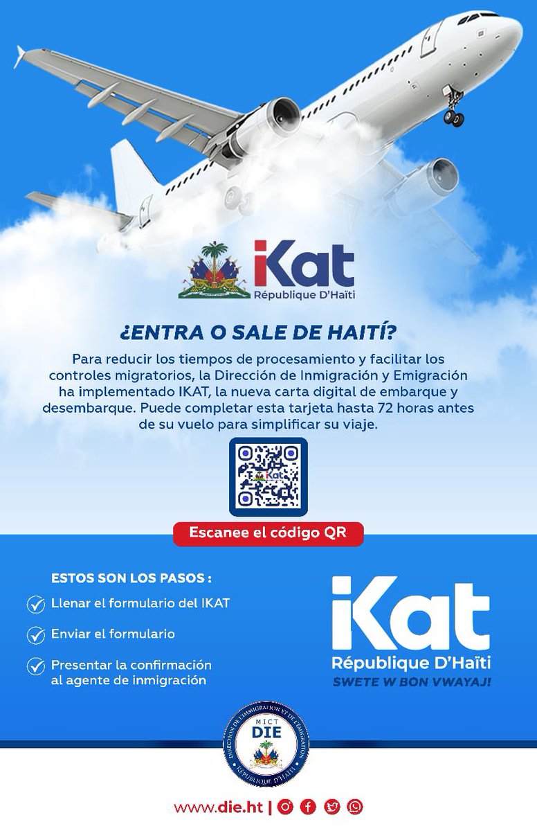 DIEHaiti's tweet image. Disponible dans tous les ports et aéroports, IKAT est accessible en kreyòl, français, espagnol et anglais, afin de garantir des formalités simplifiées pour tous les voyageurs. Quatre langues, une seule ambition : faciliter votre voyage et moderniser votre expérience.
#IKAT 
#DIE
