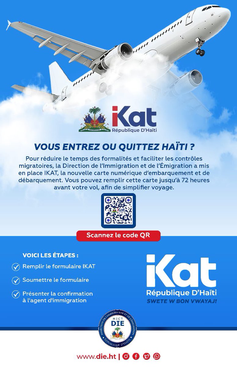 DIEHaiti's tweet image. Disponible dans tous les ports et aéroports, IKAT est accessible en kreyòl, français, espagnol et anglais, afin de garantir des formalités simplifiées pour tous les voyageurs. Quatre langues, une seule ambition : faciliter votre voyage et moderniser votre expérience.
#IKAT 
#DIE