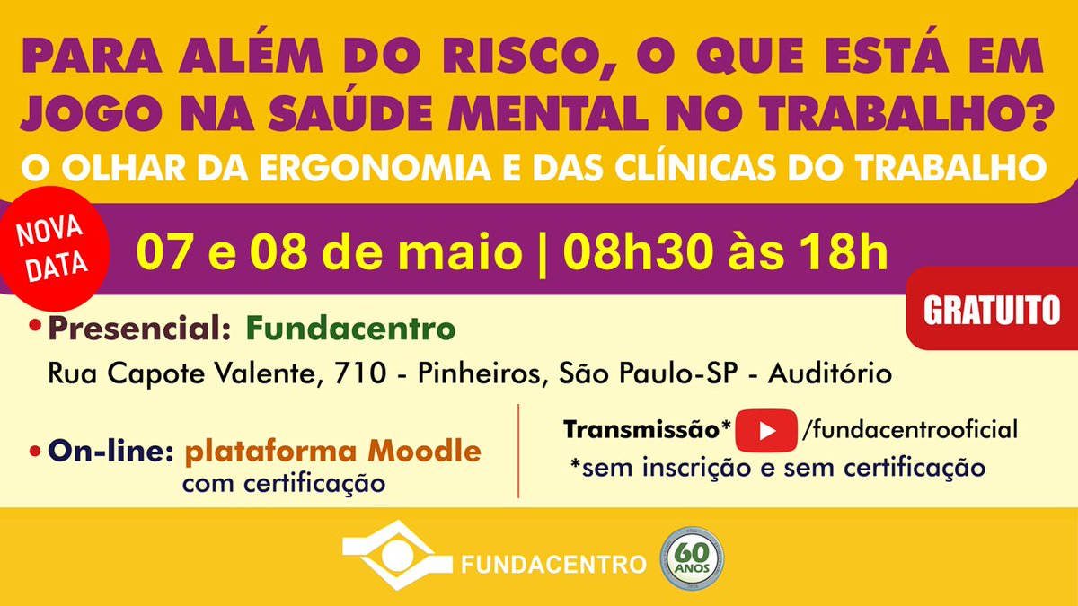 Fundacentro_of's tweet image. ⚠️ATENÇÃO! Data alterada para 07 e 08/maio

Inscrições abertas!

Escolha entre: presencial, on-line (Moodle) ou YouTube. Cada modalidade tem requisitos de inscrições e certificação específicos 

Leia+: x.gd/I13v1

#SaúdeMental #FatoresPsicossociais #Cipa #NR17 #NR01
