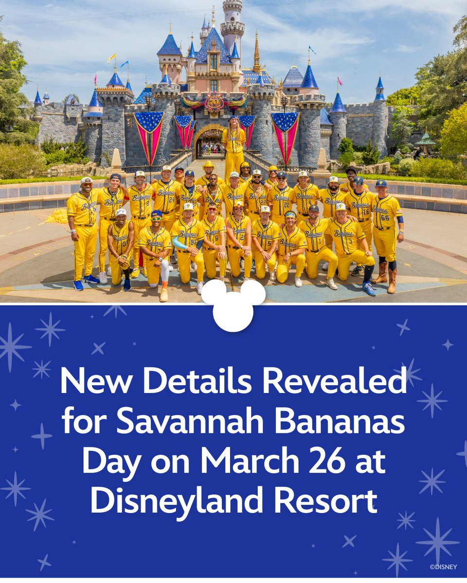 This year's party is going to be... BANANAS! 🍌 New details, merch and performance locations announced for Savannah Bananas Day on March 26 at Disneyland Resort! di.sn/6018B6Xfsw

⚾ 8AM-8PM: Savannah Bananas Merch Pop-Up at Downtown Disney District
⚾ 10AM: Savannah