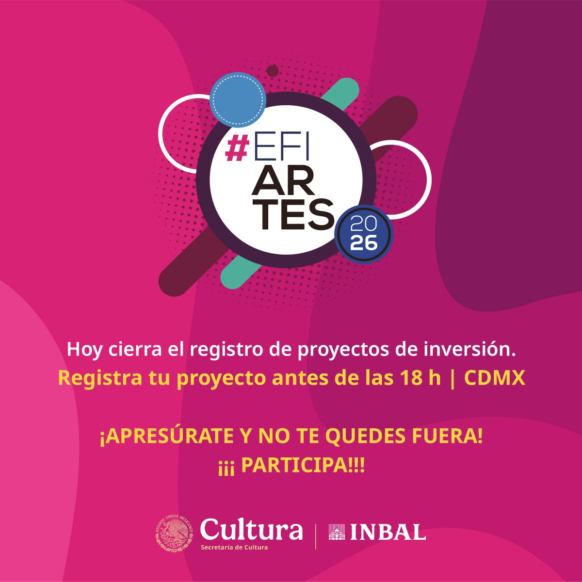 efiartesmx's tweet photo. Recuerda que hoy, martes 24 de marzo, a las 18:00 h (tiempo del centro de México), cierra el registro de proyectos de inversión para el estímulo fiscal EFIARTES

Último día para completar el proceso. 

Regístrate en el siguiente enlace: https://t.co/GAPsWLCuKQ https://t.co/cpko7EqWrz