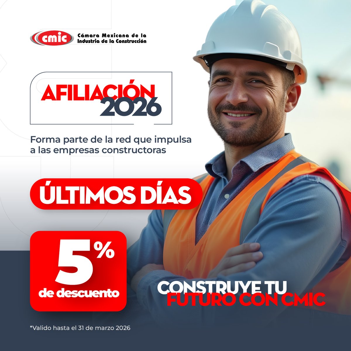 🏗️ En CMIC, tu empresa accede a una plataforma que impulsa su crecimiento, genera oportunidades de negocio y fortalece su posicionamiento en la industria de la construcción.
  
  Afíliate:
cmic.org.mx/cmic/afiliacio…
  
 ⏳ Aprovecha 5% de descuento en tu afiliación solo en marzo.