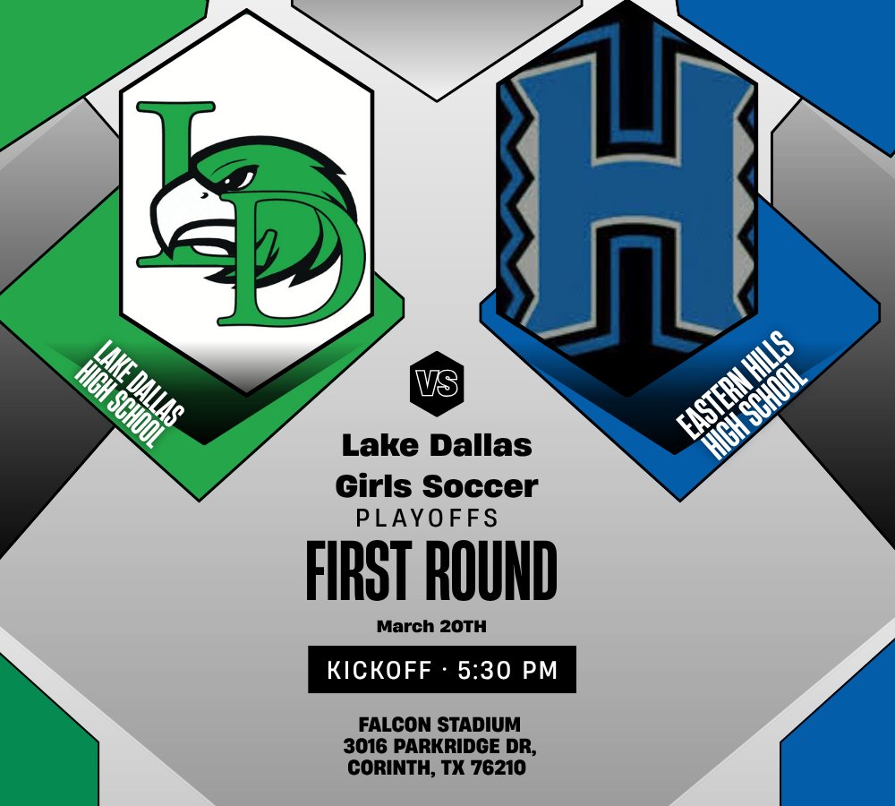 LDISDAthletics's tweet image. ⚽💚 PLAYOFF MATCH DAY
Bi-District Round
Lake Dallas vs Eastern Hills
5:30 PM | Falcon Stadium
Be loud! Be there! #FalconPride