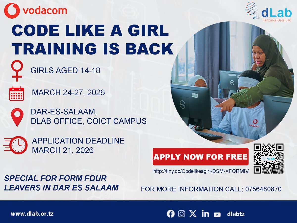 LabDlab's tweet photo. @dlabtz in collaboration with @vodacomtanzania announce another #codelikeagirl training this month. Two phases in Dodoma and now comes another one, this time in Dar es Salaam.

Scan the QR code for applying or use the link provided. It is freely provided. https://t.co/lgK0g4mJO8