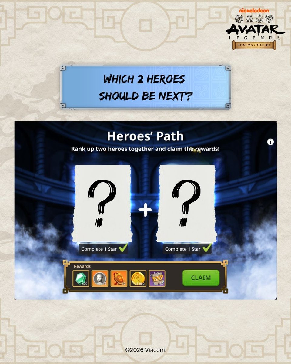 playavatarrc's tweet photo. Leaders π₯
During Hero Growth, you had 8 days to unlock & upgrade Azula + Kyoshi for rewards.
If it comes backβ¦ which TWO heroes should be next? π
(They must come as a pair!)
Tell us your duo π
#AvatarLegendsRealmsCollide https://t.co/Tw5pVmZj3M