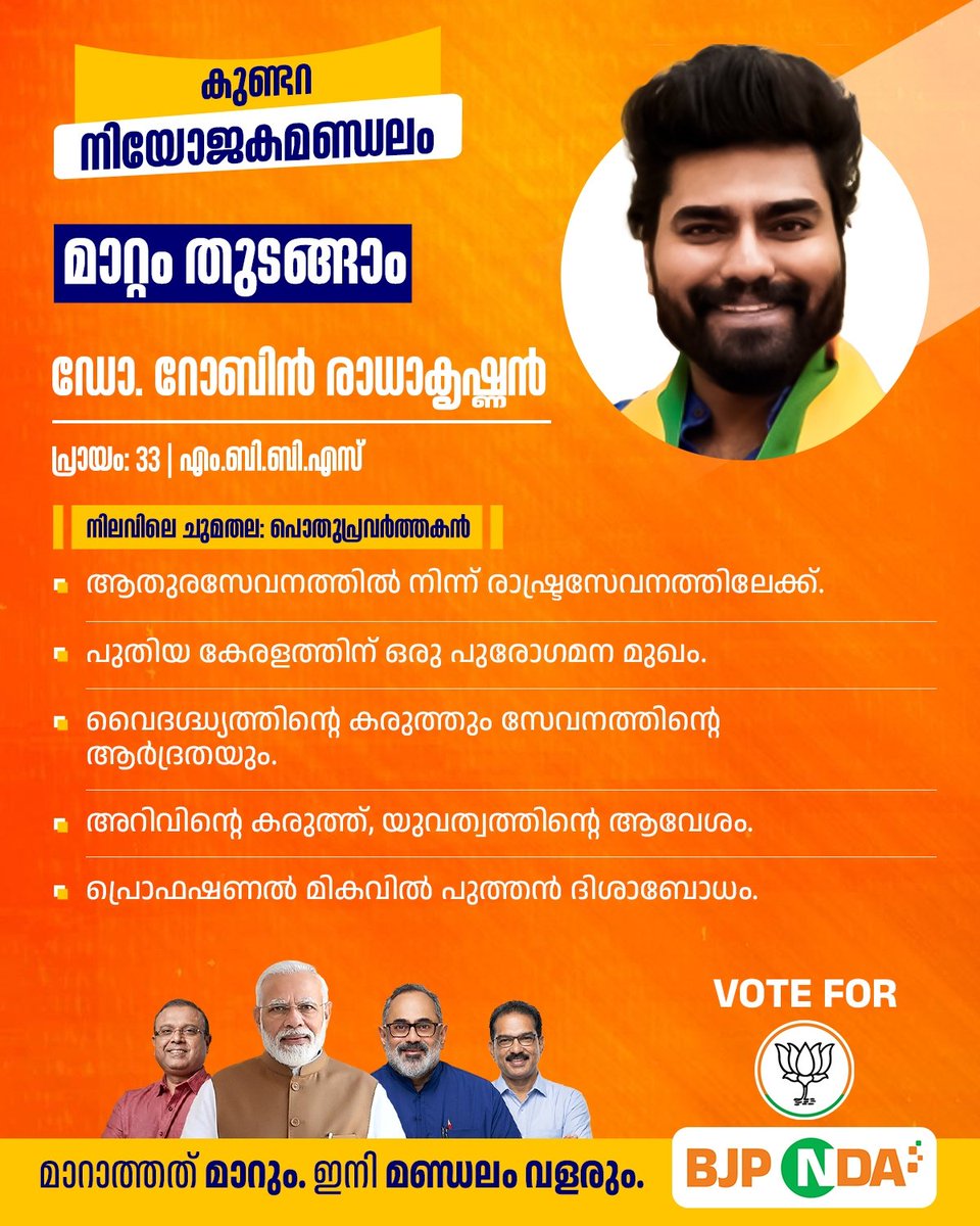 BJP4Keralam's tweet photo. മാറ്റം തുടങ്ങാം...

ഇടത് വലത് കൂട്ടുക്കെട്ടിൽ തകർന്ന കേരളത്തെ പുനരുജ്ജീവിപ്പിക്കാനും അഴിമതിക്കും പ്രീണന രാഷ്ട്രീയത്തിനും അവസാനം ഉറപ്പിക്കാനും വരുന്ന തിരഞ്ഞെടുപ്പിൽ ശക്തരായ നേതാക്കളെയാണ് ബിജെപി ​രം​ഗത്തിറക്കുന്നത്.

വടക്കാഞ്ചേരി മണ്ഡലത്തിൽ ബിജെപി സംസ്ഥാന സമിതി അം​ഗം ശ്രീ ഉല്ലാസ് ബാബു മത്സരിക്കുന്നു. കുണ്ടറ മണ്ഡലത്തിൽ ഡോ റോബിൻ രാധാകൃഷ്ണനും തലശ്ശേരി മണ്ഡലത്തിൽ ബിജെപി സംസ്ഥാന സമിതി അം​ഗം ശ്രീ ഓ നിധീഷും ആലത്തൂർ മണ്ഡലത്തിൽ ബിജെപി പാലക്കാട് ജില്ലാ സെക്രട്ടറി ശ്രീ കെ വി പ്രസന്നകുമാറും മത്സരിക്കുന്നു.

പ്രധാനമന്ത്രി മുന്നോട്ടുവെക്കുന്ന വികസന കാഴ്ചപ്പാട് കേരളത്തിന്റെ മണ്ണിൽ സാധ്യമാക്കാൻ ഈ ജനകീയരായ വനിതാ നേതാക്കൾക്ക് സാധിക്കുമെന്നത് ഉറപ്പാണ്.

മാറാത്തത് മാറും...

ഇനി വളരും കേരളം...

#CPMCongressMathiyayi
#NDA4VikasitaKeralam