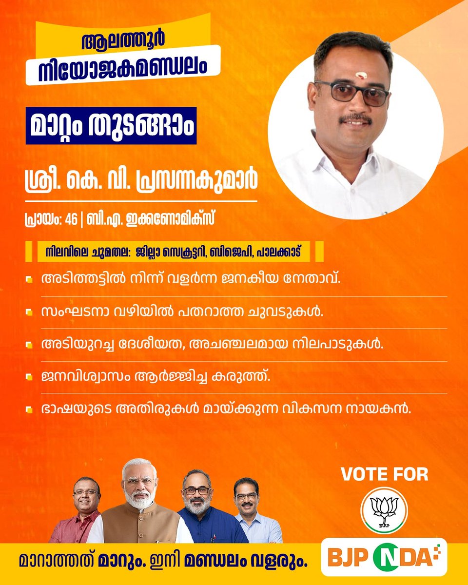 BJP4Keralam's tweet photo. മാറ്റം തുടങ്ങാം...

ഇടത് വലത് കൂട്ടുക്കെട്ടിൽ തകർന്ന കേരളത്തെ പുനരുജ്ജീവിപ്പിക്കാനും അഴിമതിക്കും പ്രീണന രാഷ്ട്രീയത്തിനും അവസാനം ഉറപ്പിക്കാനും വരുന്ന തിരഞ്ഞെടുപ്പിൽ ശക്തരായ നേതാക്കളെയാണ് ബിജെപി ​രം​ഗത്തിറക്കുന്നത്.

വടക്കാഞ്ചേരി മണ്ഡലത്തിൽ ബിജെപി സംസ്ഥാന സമിതി അം​ഗം ശ്രീ ഉല്ലാസ് ബാബു മത്സരിക്കുന്നു. കുണ്ടറ മണ്ഡലത്തിൽ ഡോ റോബിൻ രാധാകൃഷ്ണനും തലശ്ശേരി മണ്ഡലത്തിൽ ബിജെപി സംസ്ഥാന സമിതി അം​ഗം ശ്രീ ഓ നിധീഷും ആലത്തൂർ മണ്ഡലത്തിൽ ബിജെപി പാലക്കാട് ജില്ലാ സെക്രട്ടറി ശ്രീ കെ വി പ്രസന്നകുമാറും മത്സരിക്കുന്നു.

പ്രധാനമന്ത്രി മുന്നോട്ടുവെക്കുന്ന വികസന കാഴ്ചപ്പാട് കേരളത്തിന്റെ മണ്ണിൽ സാധ്യമാക്കാൻ ഈ ജനകീയരായ വനിതാ നേതാക്കൾക്ക് സാധിക്കുമെന്നത് ഉറപ്പാണ്.

മാറാത്തത് മാറും...

ഇനി വളരും കേരളം...

#CPMCongressMathiyayi
#NDA4VikasitaKeralam