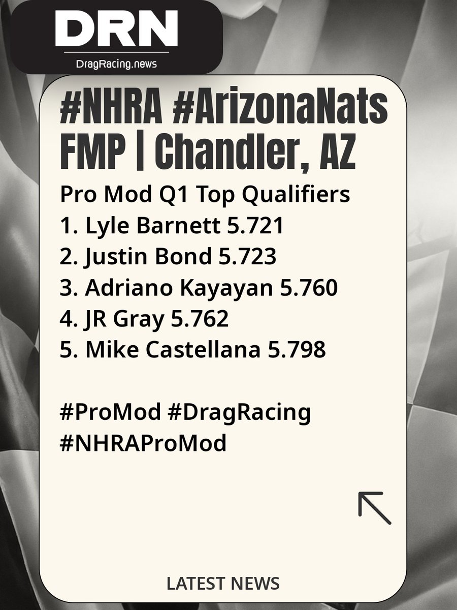 DRNDragRacing's tweet image. #NHRA #ArizonaNats 
Pro Mod Q1 Top Qualifiers 
1. Lyle Barnett 5.721
2. Justin Bond 5.723
3. Adriano Kayayan 5.760
4. JR Gray 5.762
5. Mike Castellana 5.798

#ProMod #DragRacing #NHRAProMod