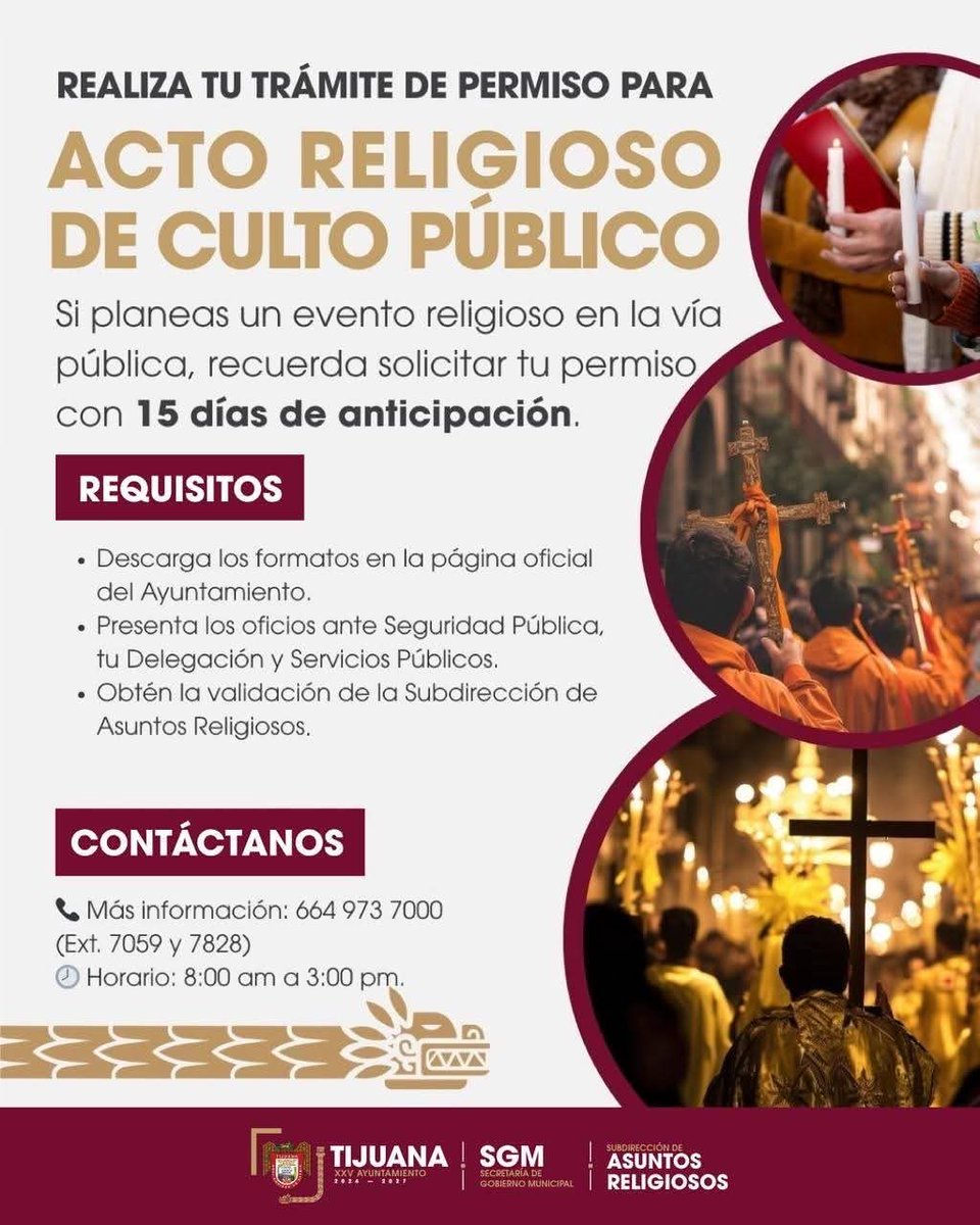 <a href="/BurguenoTJ/">Ismael Burgueño</a> 

El gobierno municipal ( Tijuana) que encabezas violenta los derechos humanos de los creyentes católicos. Inventarte procedimientos administrativos e impuestos para realizar actividades durante la Semana Santa es atentar contra la libertad religiosa. 

Además estás