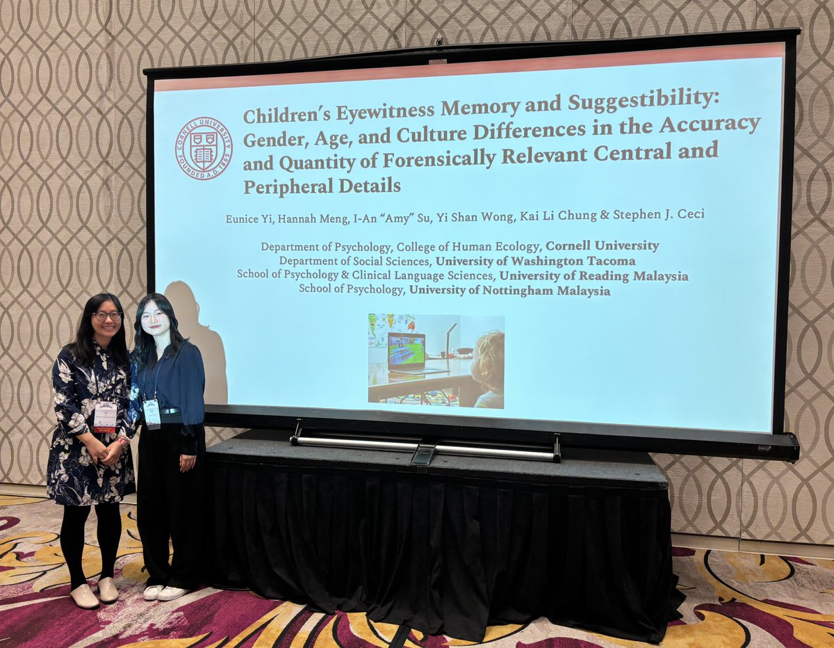 AmyIAnSu1's tweet photo. Attended #APLS26 in Reno as a new faculty member at @UWTacoma! Loved reconnecting with fellow Cornellians and presenting work on children’s eyewitness memory &amp; competency for execution. Grateful to our collaborators—see you in Louisville next year! https://t.co/htk0gbAAtC