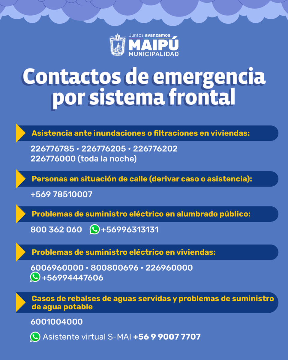 Muni_Maipu's tweet photo. Viene la lluvia y en Maipú nos preparamos ☔ Sigue las recomendaciones por lluvias para que cuides de ti y tu familia. Además, en las imágenes puedes conocer los contactos de emergencia en caso de necesitarlos ante este sistema frontal #JuntosNosCuidamos https://t.co/9gySS8HV1a