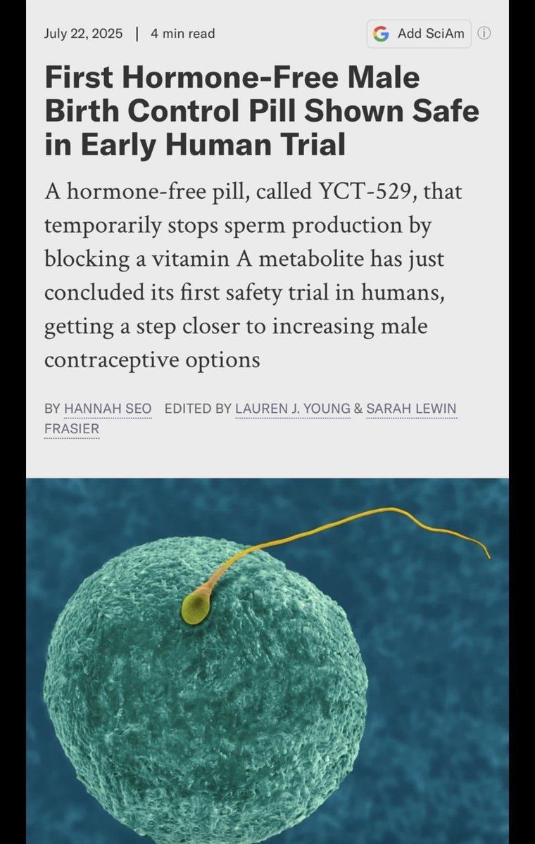 Male birth control pills are being developed and early trials look promising 👀💊
This news means a male contraceptive pill has passed its first human safety test ✅ (it appears safe so far).

How it works 👇🏽
It temporarily reduces sperm production or function without affecting