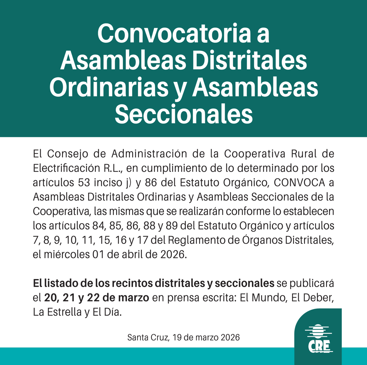 CREesSantaCruz's tweet photo. 📢 𝐏𝐚𝐫𝐭𝐢𝐜𝐢𝐩á, 𝐢𝐧𝐟𝐨𝐫𝐦𝐚𝐭𝐞 𝐲 𝐚𝐩𝐨𝐫𝐭á 𝐚𝐥 𝐜𝐫𝐞𝐜𝐢𝐦𝐢𝐞𝐧𝐭𝐨 𝐝𝐞 𝐥𝐚 𝐂𝐨𝐨𝐩𝐞𝐫𝐚𝐭𝐢𝐯𝐚 💪
🙋 Las Asambleas son el espacio donde cada asociado tiene voz y voto. Tu asistencia fortalece la gestión, impulsa la transparencia y construye el futuro de CRE.
Convocatoria oficial :  https://t.co/yxcB5CCbSj