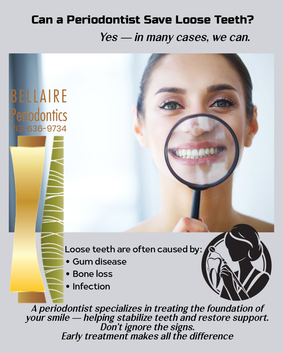 bellaireperio's tweet photo. Don't panic if you have a loose tooth as an adult! It could be treatable with the help of a periodontist. 🦷✨ Addressing gum disease early is key to saving your tooth. Have questions about loose teeth? Share them below! https://t.co/C2XXO4c3W4