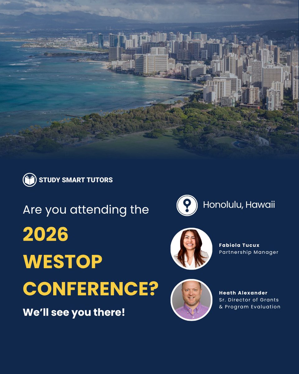 StdySmartTutors's tweet image. Study Smart Tutors is excited to join TRIO programs and fellow advocates for educational equity at the WESTOP Conference in Honolulu! 🎓🌺

Stop by our booth to explore tutoring, summer enrichment, college prep, and more—and connect with our team!

#WESTOP #TRIO #TRIOworks #edu