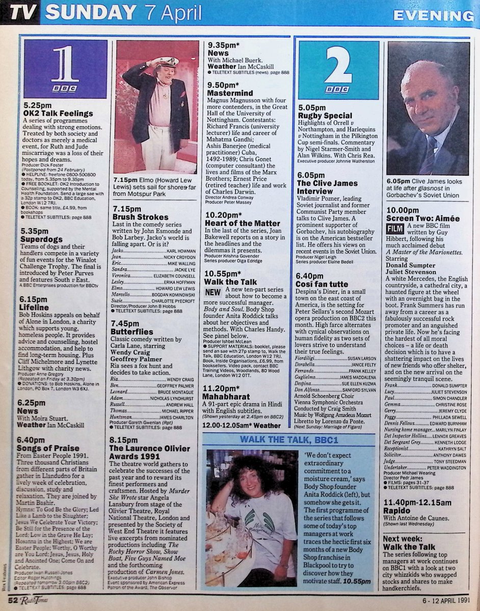 TvDidYouSee's tweet photo. #OnThisDay 7 April 1991 📺TV Listings
#HelenMirren stars in the first PRIME SUSPECT at 9:00 on ITV. The very first THE DARLING BUDS OF MAY with #DavidJason is before that at 7:45 and the last ever BRUSH STROKES is on BBC1 at 7:15.
Screen Two: AIMÉE, starring #JulietStevenson. https://t.co/Gc6MGCCkc0