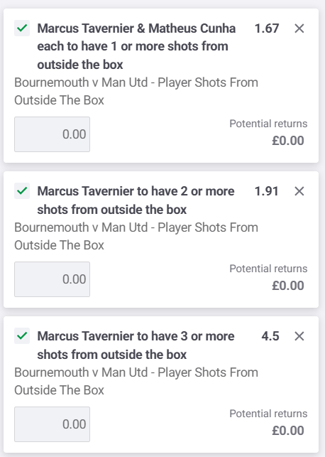 TipsCentral2026's tweet photo. Tavernier has had 32 shots from outside the box in 23 matches started this season, with 12 of these being on target.
He also has 2 shots outside of the box against Man united in the reverse fixture with both of these being on target!

Cunha has also has 32 shots from outside of the box this season in 23 matches started!

Units advised:
Tavernier and Cunha 1 each=1.5 units
Tavernier 2 shots=1 unit
Tavernier 3 shots=0.5 units
Tavernier 1 shot on target=1 unit
Tavernier 2 shots on target=0.25 units