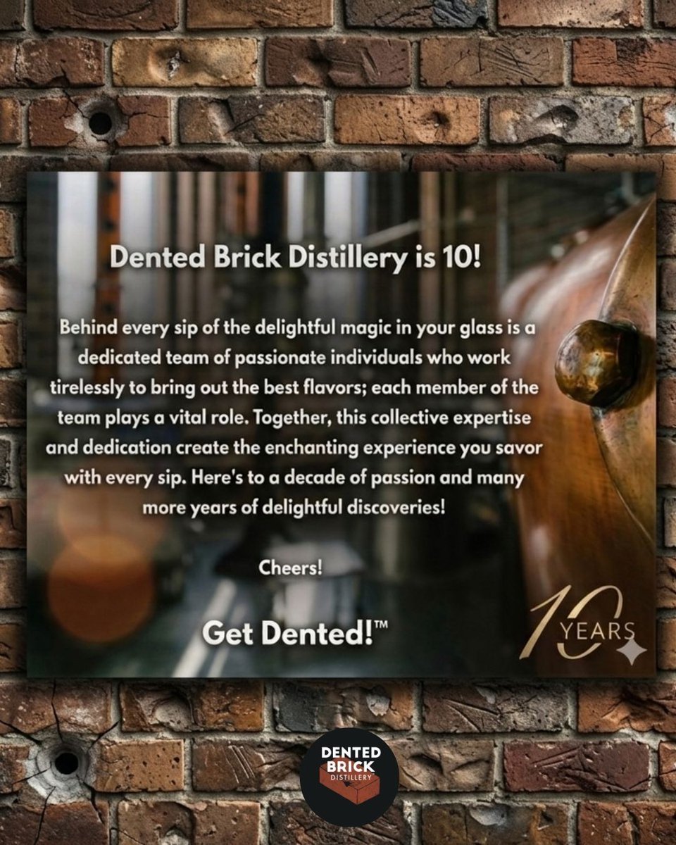 DentedBrick's tweet photo. Celebrating a decade of dedication and craftsmanship at Salt Lake City's grain-to-glass craft distillery, we are thrilled to mark this milestone. We extend our heartfelt gratitude to our supportive community and loyal customers who have been instrumental in our success. https://t.co/E6jUIcVeMe