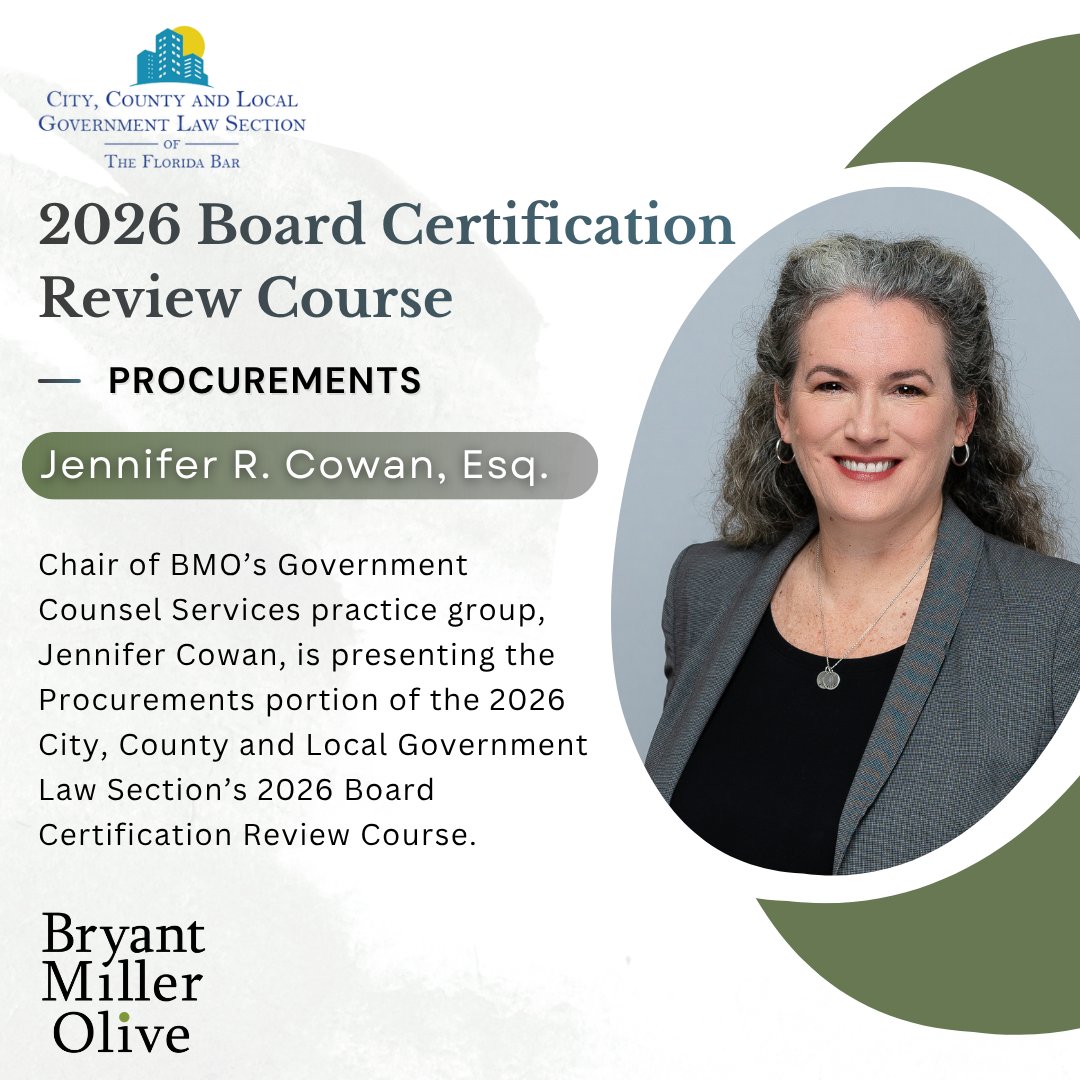 BMO_Law's tweet photo. Chair of BMO’s Government Counsel Services practice group, Jennifer Cowan, will be leading a review session for the @FLBarCCLGLS 2026 Board Certification Review Course, where she will be covering the Procurement Law portion of the course. 

Good luck to the 2026 examinees! https://t.co/RMjWmAV2Nt