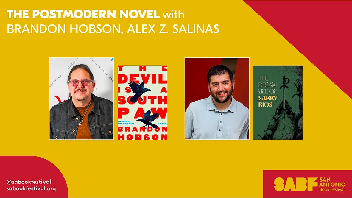 Nat'l Book Award finalist Brandon Hobson and I will talk about the postmodern novel at the <a href="/SABookFestival/">San Antonio Book Festival</a> on April 11! 🥊🐸 Full schedule of events here: sabookfestival.org/schedule/